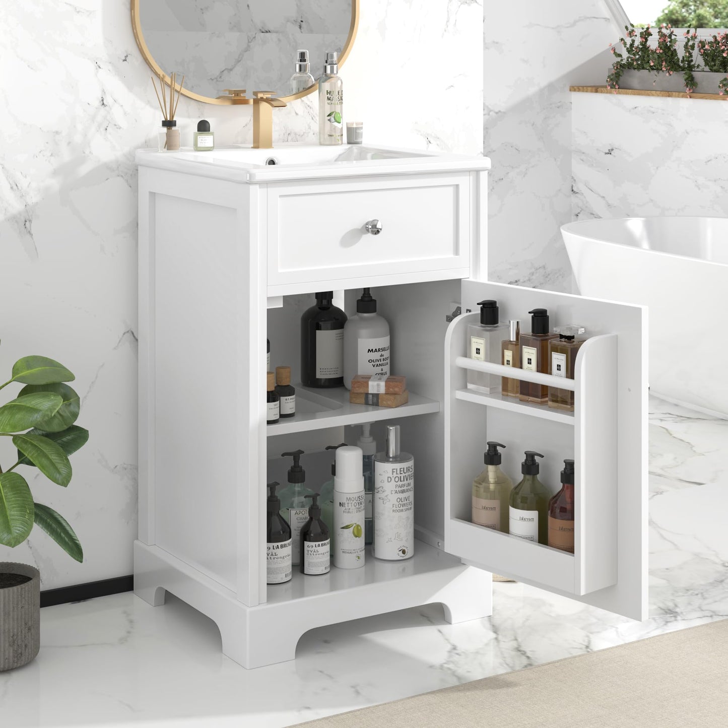 20" Small Bathroom Vanities Cabinet with Undermount Ceramic Sink, Two-Tier Door Storage Shelf, White