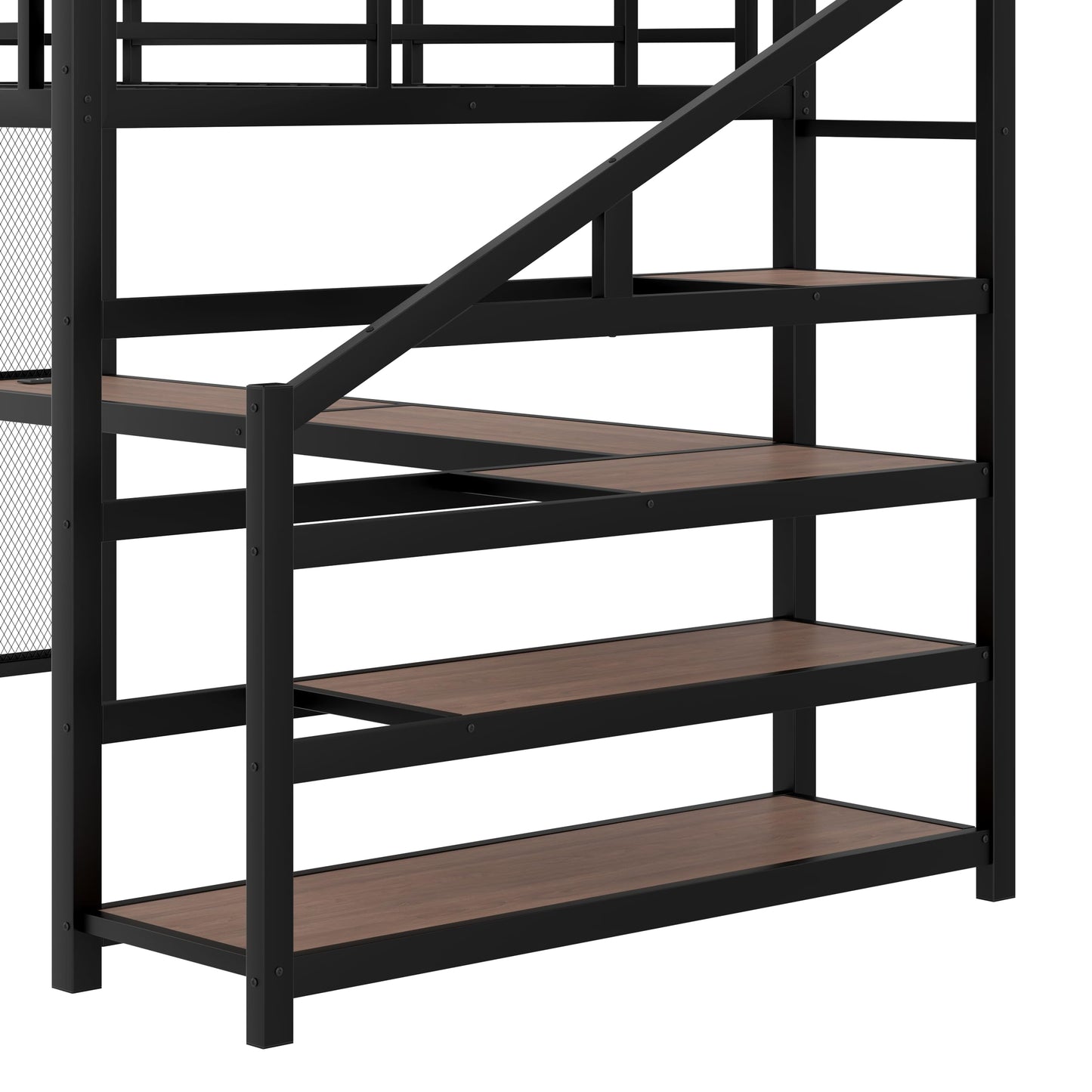 Queen Size Loft Bed with Desk and Storage Stairs, Metal Loft Bed Frame with LED Lights, Charging Station, and Multi-function Iron Nets, Loftbed for Kids, Teens, Adults, Noise-free, Black and Wood