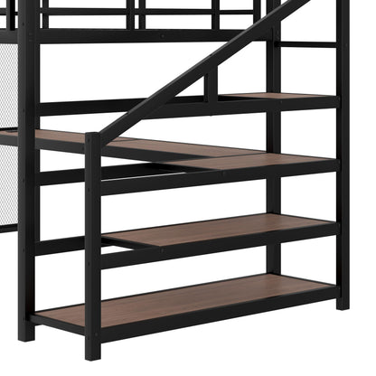 Queen Size Loft Bed with Desk and Storage Stairs, Metal Loft Bed Frame with LED Lights, Charging Station, and Multi-function Iron Nets, Loftbed for Kids, Teens, Adults, Noise-free, Black and Wood