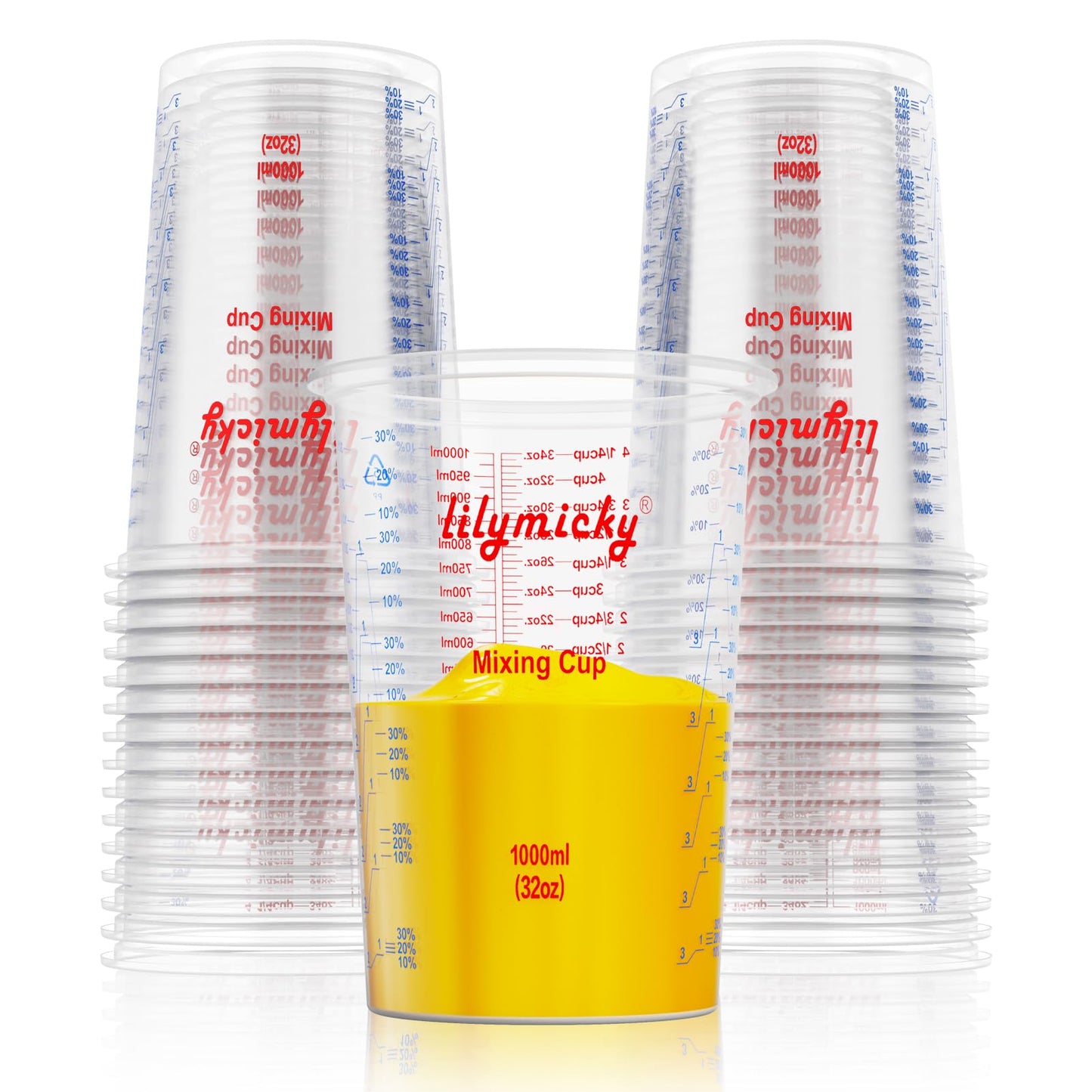25 PACK Plastic Measuring Cups, 32 oz (1000ml) Disposable Mixing Cups, Measurement ratios: 2:1, 3:1, 4:1, Perfect for Epoxy Resin, Paint Mixing, Art DIY