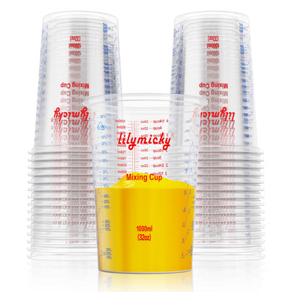 25 PACK Plastic Measuring Cups, 32 oz (1000ml) Disposable Mixing Cups, Measurement ratios: 2:1, 3:1, 4:1, Perfect for Epoxy Resin, Paint Mixing, Art DIY