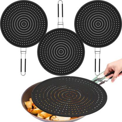 Tioncy 3 Pcs Silicone Splatter Screen for Frying Pan Grease Oil Splatter Collapsible Splash Guard Heat Resistant Multi Use for Baking and Cooking(Black)
