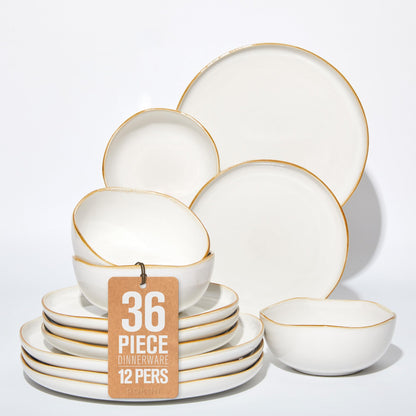 Pokini Extra Large Dinnerware Set for 12, 36 Pieces Ceramic Plates and Bowls Set, Kitchen Dish Set, Microwave & Dishwasher Safe Dishware, Ocean-Inspired Stoneware for Big Gatherings, White