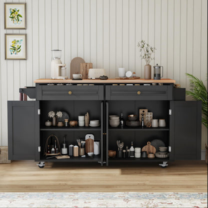 JassmiPkwy 67’’ Movable Kitchen Island with Drop Leaf and Power Outlet, Lockable Sliding Countertop Rolling Island Cart with 2 Large Drawers, Spice, Towel Rack,Black