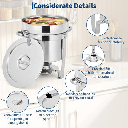 GarveeHome 7QT Soup Chafer Set of 4, Stainless Steel Round Soup Warmer with Pot, Notched Lids & Fuel Holders, Commercial Food Warmer for Buffets, Events and Party Service