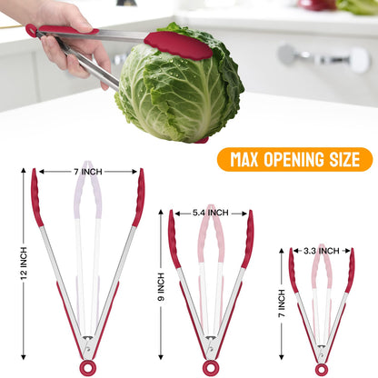 HOTEC Premium Stainless Steel Locking Kitchen Tongs with Silicon Tips, Set of 3-7", 9" and 12" (Red)
