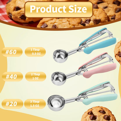 Cookie Scoop Set of 3, 18/8 Stainless Steel Cookie Dough Scoops with Blue, Pink & Green Color-Coded Grips, Small/Medium/Large (#60, #40, #20) Portion Scooper for Baking, Cupcakes & Ice Cream