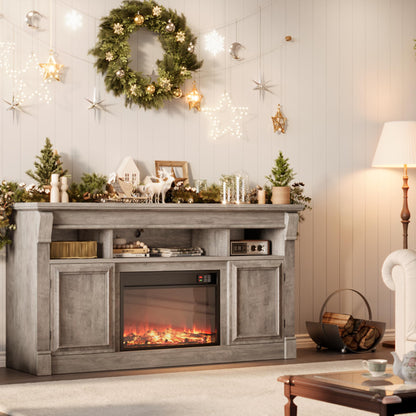 GAOMON 58 Inch Fireplace TV Stand, Wooden Entertainment Center with 36 Inch Electric Fireplace, 3D Realistic Flame, Farmhouse Media Console with Storage Cabinets for Living Room, Gray