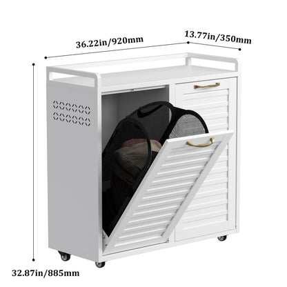 100L Dual Laundry Hamper with Wheels, Metal Rolling Laundry Cabinet with 2 Compartments and Removable Bags, Hidden Design