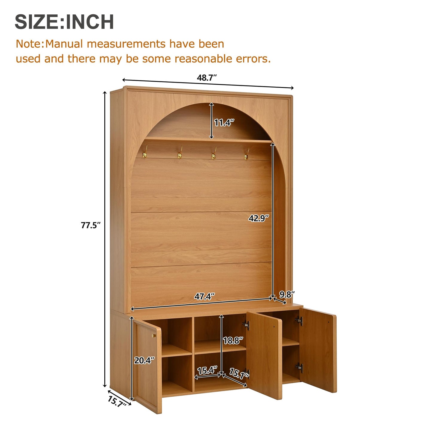 Merax Farmhouse Hall Tree with Bench and 3 Cabinets, 4-in-1 Entryway Coat Rack with 4 Golden Hooks and Top Compartments, 77.5" Retro Arched Entryway Hall Tree for Hallway, Mudroom, Entrance, Natural