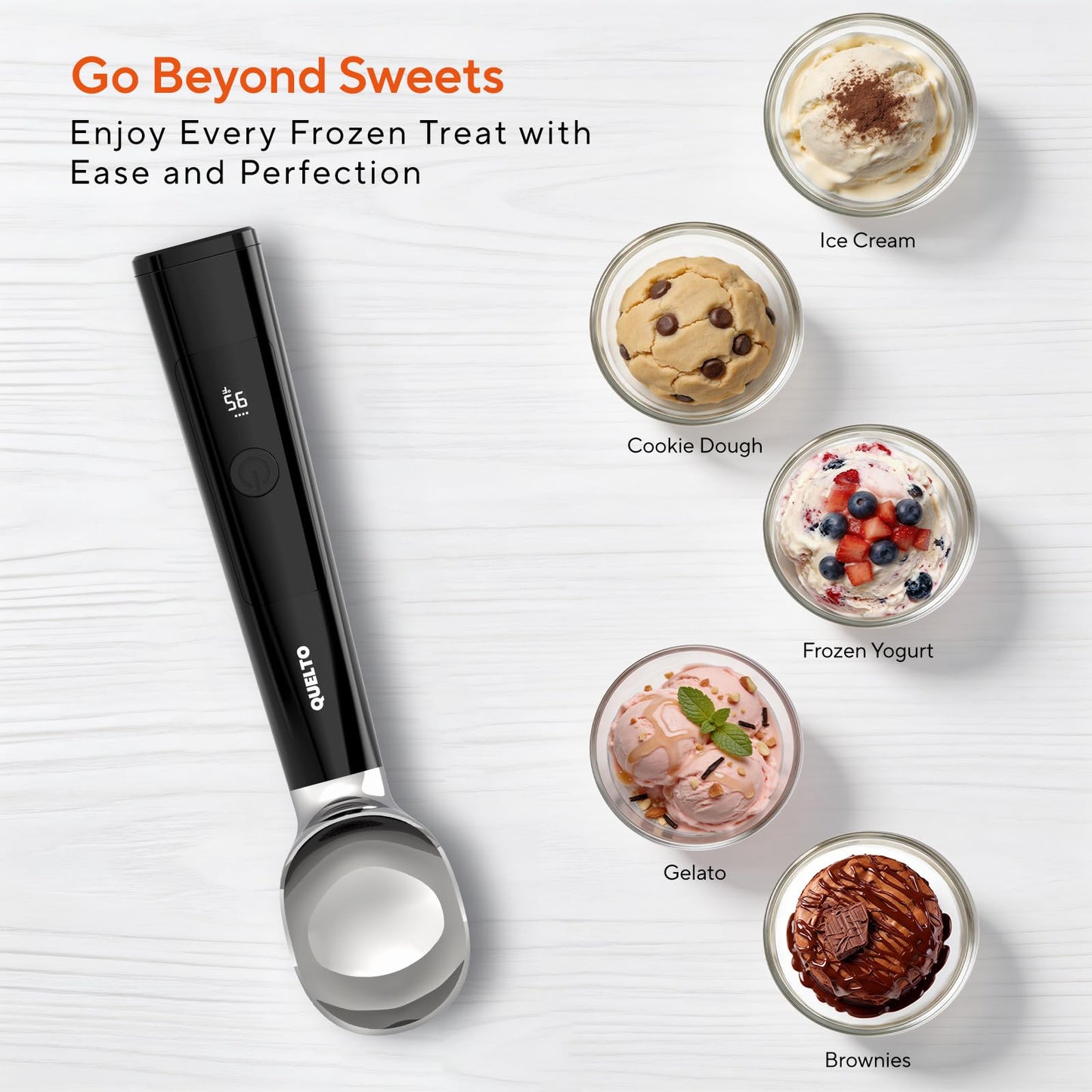 Heated Ice Cream Scoop with LED Display — Rechargeable Electric Ice Cream Scoop with Comfortable Handle, 3 Modes, IPX7, Non-Stick Stainless Steel for Hardened Ice Cream, Sorbet, Gelato, & Cookie Dough