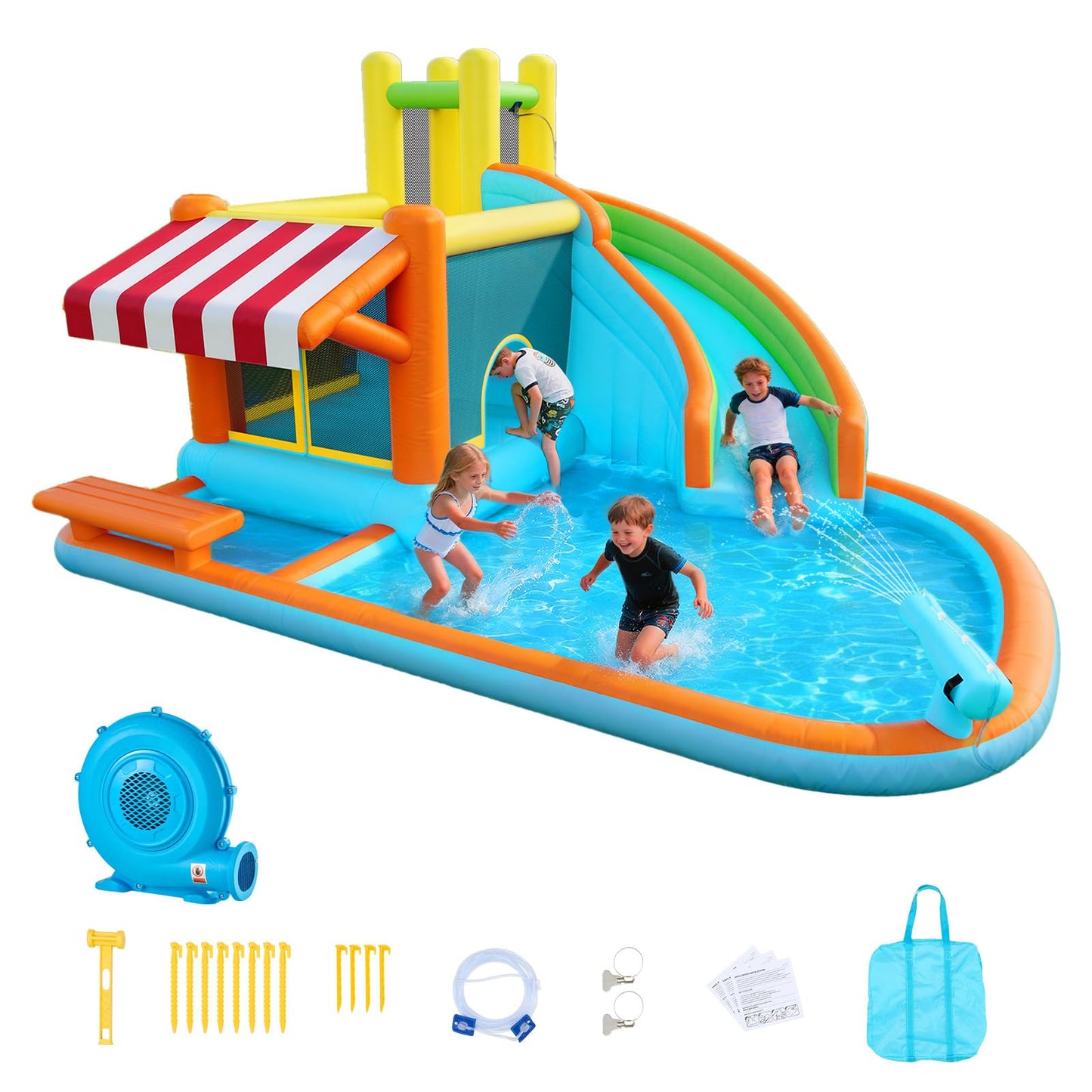 VEVOR Bounce House for Kids, Inflatable Bounce House with Air Blower, Water Slide, Bouncer Castle with Castle Bounces, Tall Slide, Splash Pool & Pretend Market Booth, for 3 to 4 Kids Ages 3 to 8