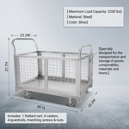 4-in-1 Rolling carts with cage, Multi-Purpose Heavy-Duty Duty cart, 2200-pound Capacity, Folding cart with 5-inch Wheels, for Groceries, Garage, Warehouse (39.4 inches Long x 23.6 inches Wide)