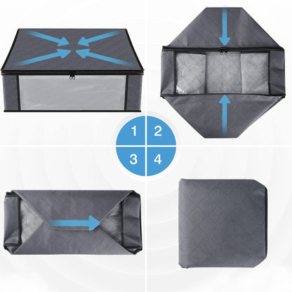 HomeHacks Storage 3-Pack Clothes Organizer Storage Bags Foldable Storage Box with Large Clear Window Sturdy Handles for Closet, Dorm, Pillows, Bedding, Clothes, Blankets, 35L, Gray