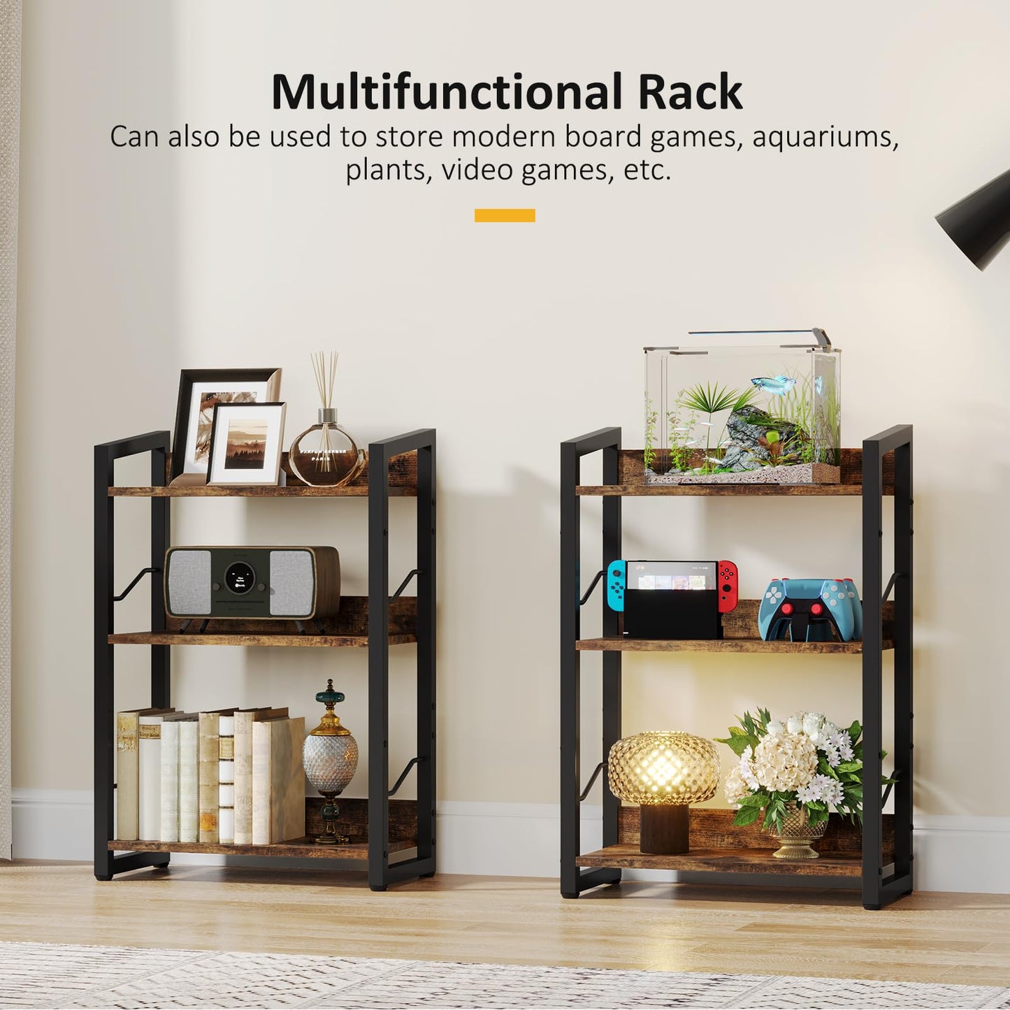 Hosfais Book Shelf Small Bookshelf: 3-Tier Wood Bookcase Industrial Bookshelf with Edge Protection Metal Narrow Bookcase Storage Organizer Display Rack for Bedroom Home Office (Rustic Brown)