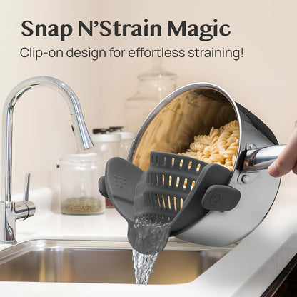 Kitchen Gizmo Snap N' Strain Clip On Strainer for Pots and Pans - Collapsible Silicone Pasta Strainer and Kitchen Gadget for Cooking - Easy to Use, Heat Resistant and Space Saving Colander - Green