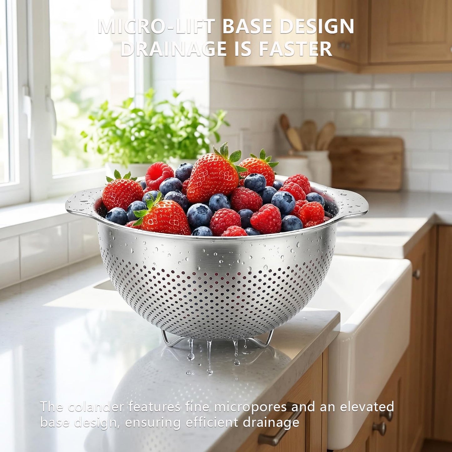QBGSFSYG 18/8 Stainless Steel Colander for Kitchen - Fine Mesh Strainer with Handle - Rice Strainer Fine Mesh for Vegetables, Fruits, Eggs, Noodles and Pasta, Collander, Dishwasher Safe (4QT)