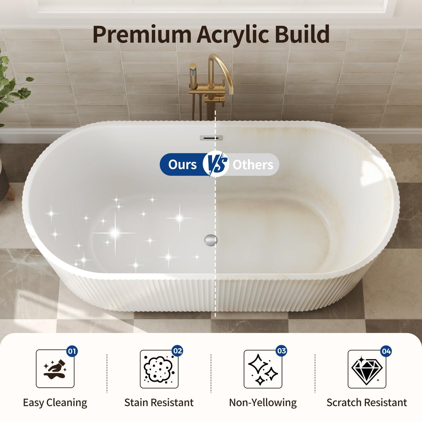 DeerValley 67" Acrylic Freestanding Bathtub, Easy Install Standalone Deep Soaking Tub with Fluted Design, Modern Ergonomic Shower Tub with Center Drain in White, DV-1T0583