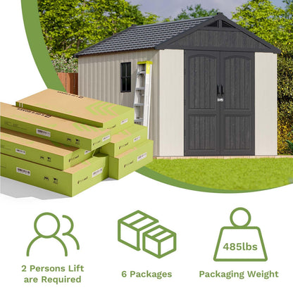 Patiowell 8x10 FT Plastic Shed Outdoor Storage Shed with Floor, Resin Garden Tool Shed Lockable Door & Two Windows for Patio, Backyard, Bike & Organizer, Beige