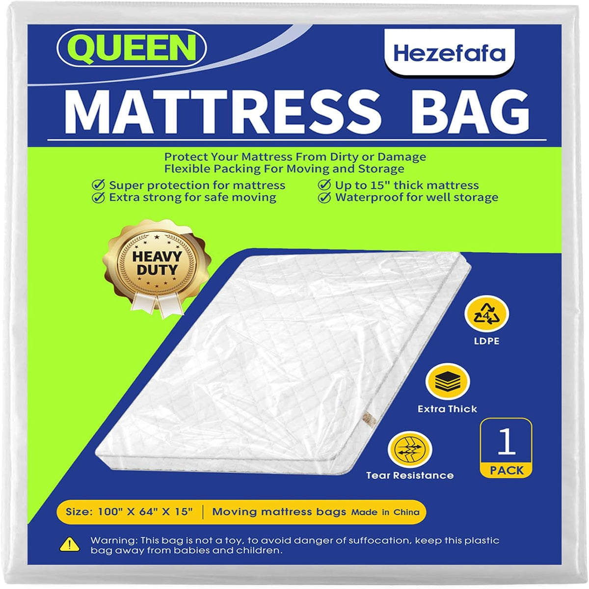 Queen Size Mattress Bag - Heavy-Duty Plastic Protector Cover for Moving | 1PK