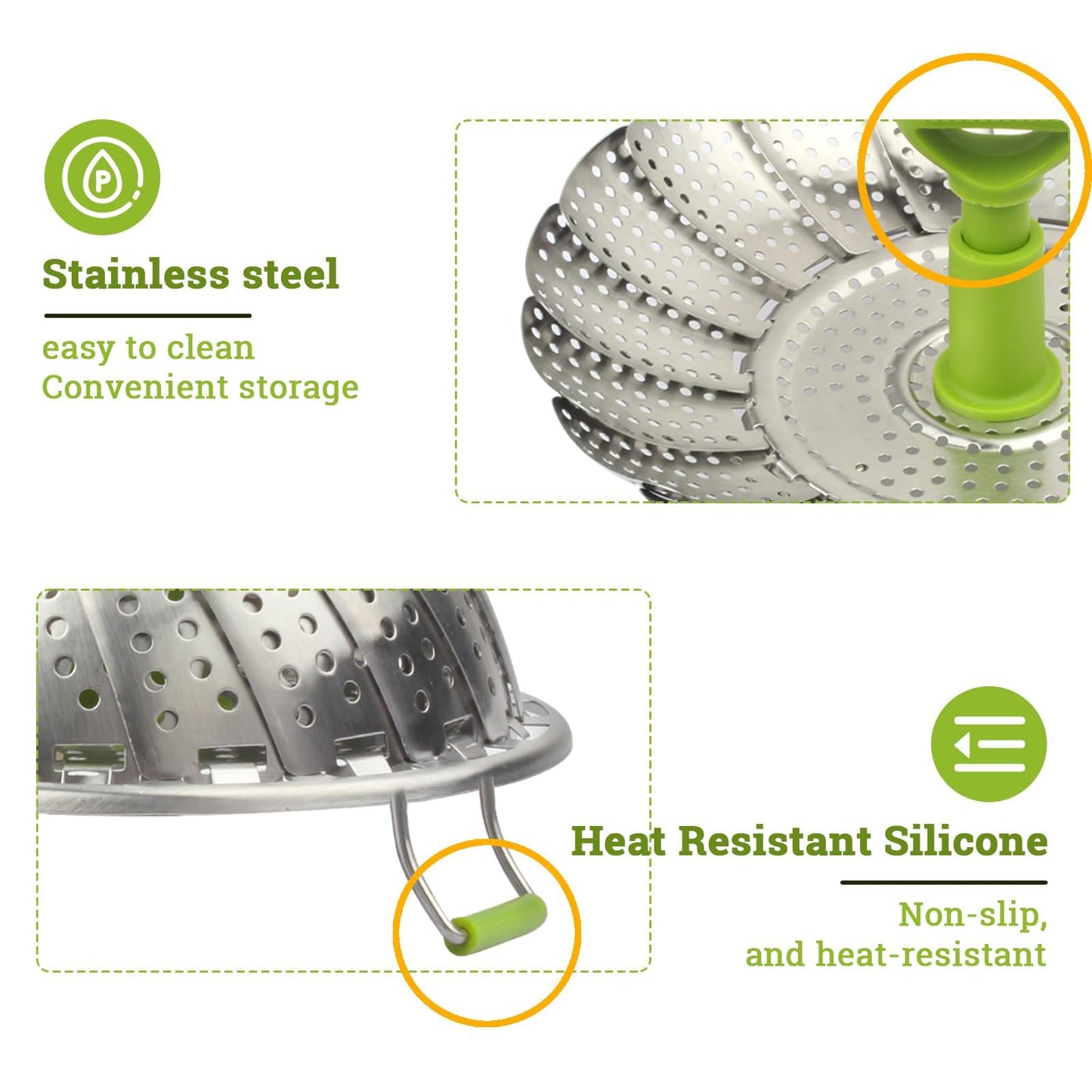 Sihuuu Folding Stainless Steel Steamer Basket (7-11 Inches) with Heat Resistant Handle - Ideal for Cooking Seafood, Vegetables, Fruits - Expandable and Easy to Clean - Dishwasher Safe