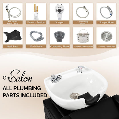 OmySalon Shampoo Bowl and Chair Set for Salon, Hair Washing Station with Ceramic Shampoo Sink, UPC Certificated Vacuum Breaker, Neck Rest, Backwash Shampoo Unit for Barbershop Beauty Spa