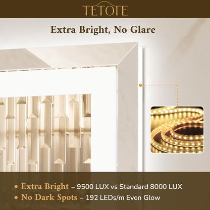 TETOTE 72 x 36 Inch Led Lighted Mirror for Bathroom Wall, Extra-Bright Beveled Bathroom Vanity Frontlit & Backlit Frameless Mirror with 3-Color Lights, Defogging, Tempered Glass, Waterproof