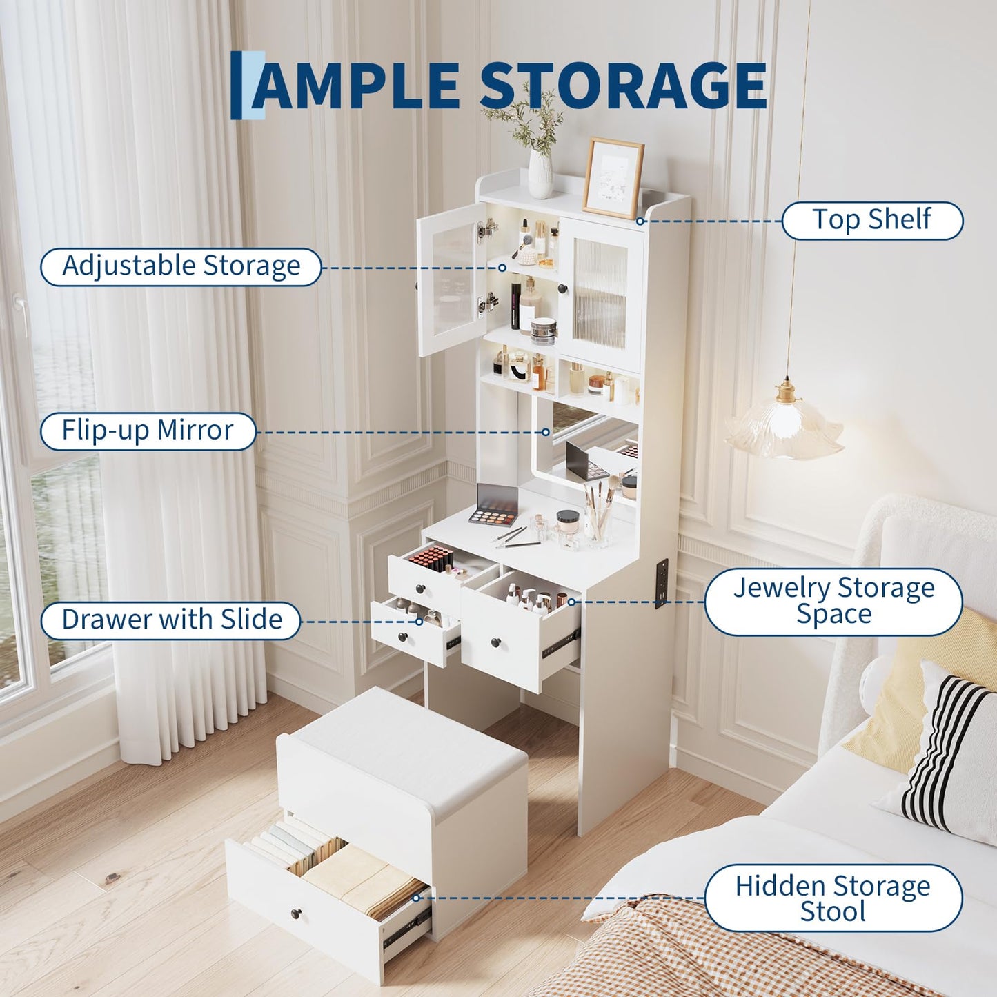 GarveeHome 3-in-1 Vanity Desk with LED Mirror & Chair – Tall Makeup Vanity Set with 2 AC Outlets & USB-c Port – Storage Drawers with Acrylic Doors, Jewelry Organizer & Nightstand Function