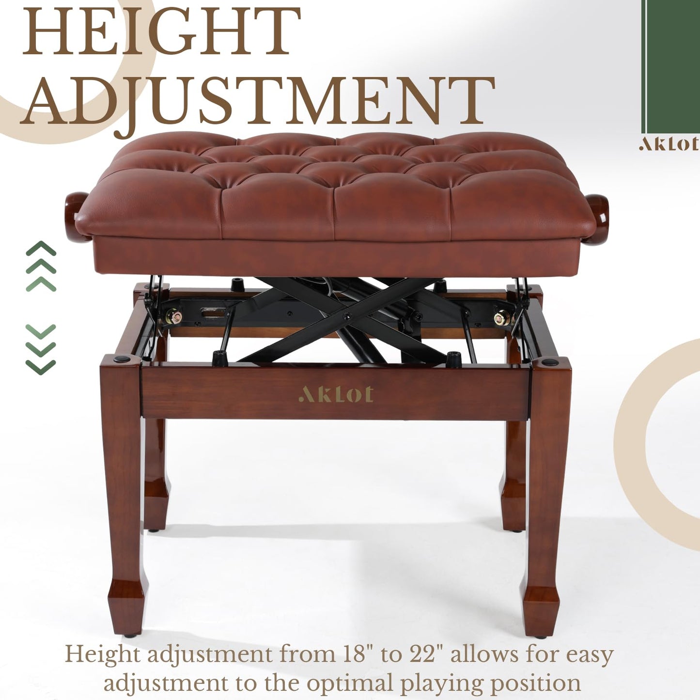 AKLOT Hydraulic Piano Bench, Keyboard Bench with Padded Cushion, Ajustbale Heavy Duty Piano Seat with High-Density Sponge, Piano Stool 23.22"X 15.75" Solid Wooden Piano Chair for Pianist（Walnut