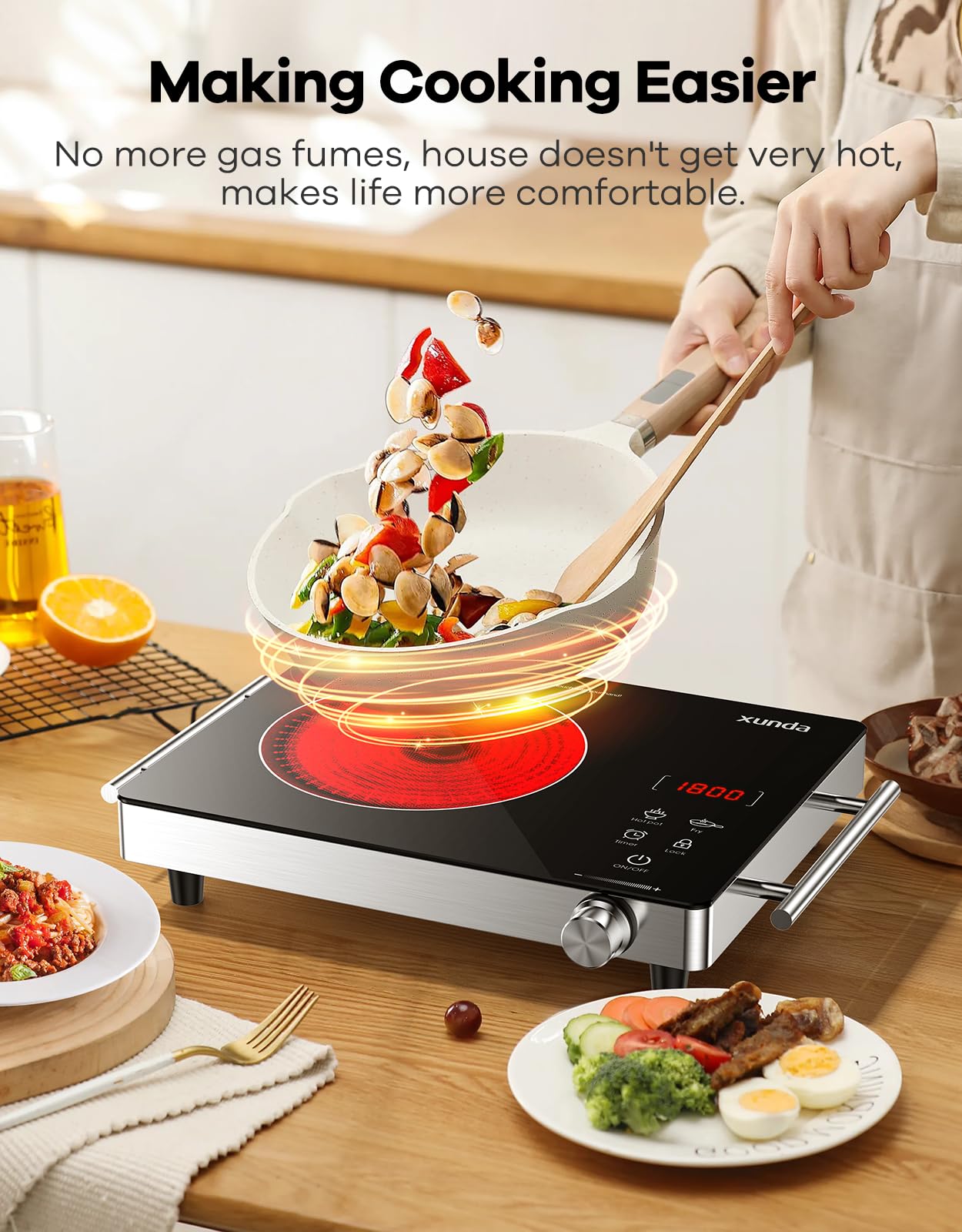 xunda 1800W Portable Electric Stove, 110v Electric Burner with Carry Handle Hot Plate, Ceramic Infrared Single Burner Cooktop, Touch & Knob Control Timer, Safety Lock (Black)