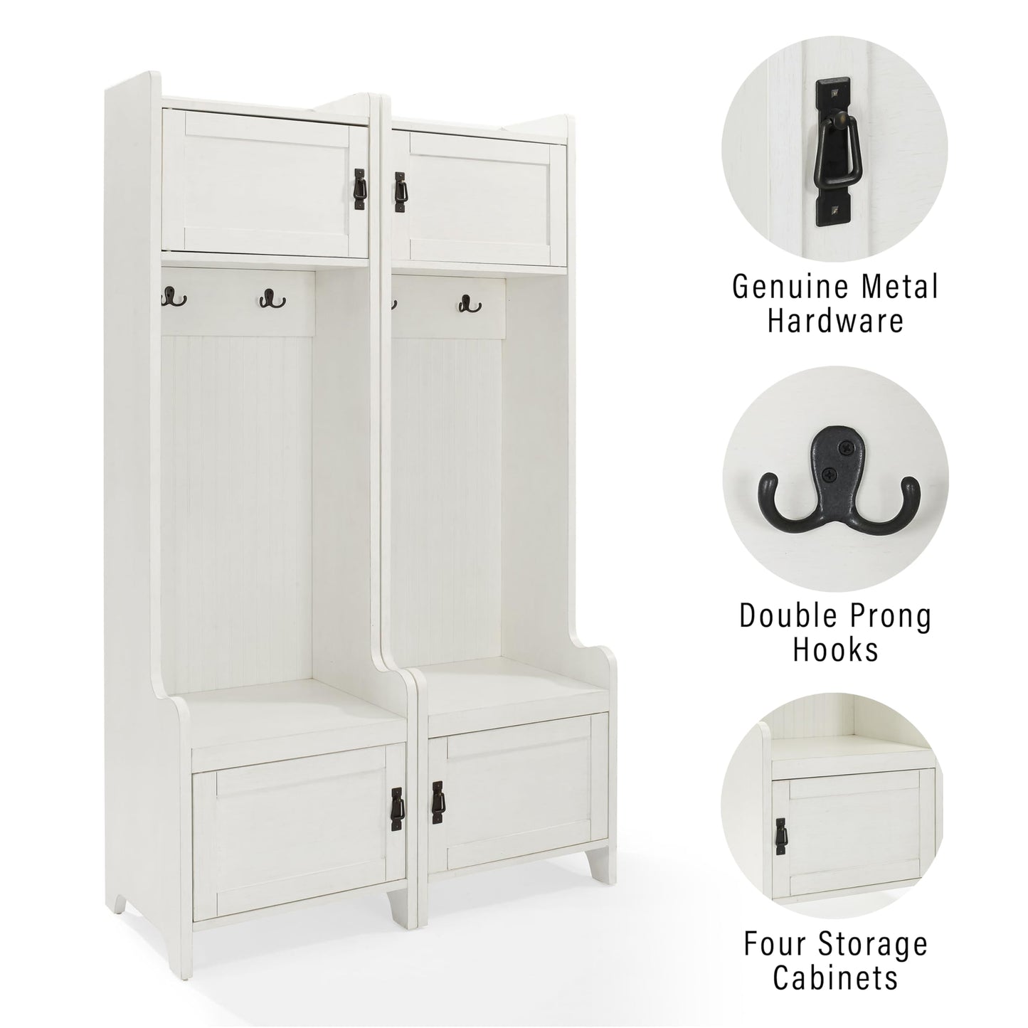Crosley Furniture Fremont 2-Piece Hall Tree Entryway Set with Storage Cabinets and Coat Rack Hooks, Distressed White