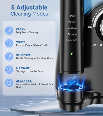 Water Flosser & Ultrasonic Electric Toothbrush Combo, 600ML Water Dental Flosser with 7 Jet Tips, 10 Adjustable Water Pressure, 5 Toothbrush Heads for Home Use, Gums, Braces (Black)