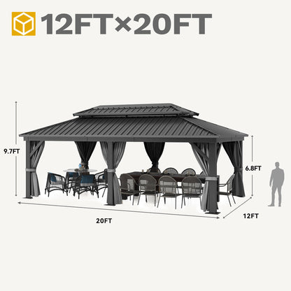 DWVO 12x20ft Hardtop Gazebo Double Roof with Nettings and Curtains, Heavy Duty Galvanized Steel Outdoor Vertical Stripes Roof for Patio, Backyard, Deck, Lawns, Gray