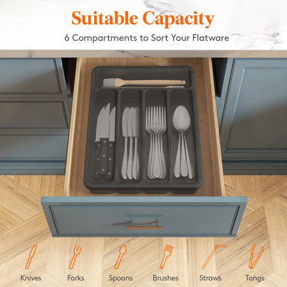 Lifewit Silverware Organizer with Lid, Covered Utensil Tray for Kitchen Drawer and Countertop, Plastic Cutlery and Flatware Storage Box for Spoons Forks Knives Holder Case, 6 Compartments, Black