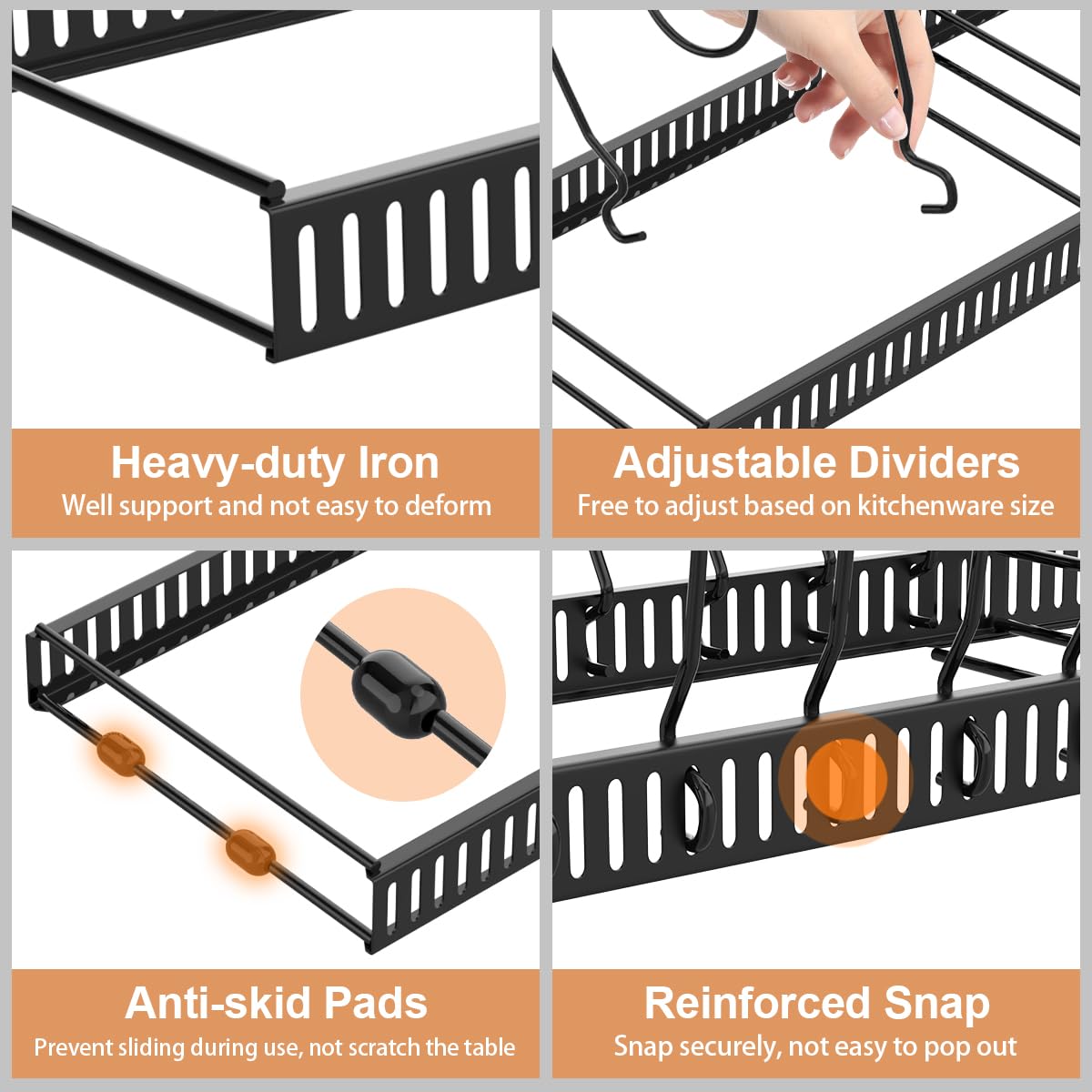 Housolution Pot and Pan Organizer Rack for Cabinet, Expandable Pot Lid Organizer Holder with 14 Adjustable Dividers, Fully Expanded Size 22.83" W x 7.09" D x 7.09" H, Black