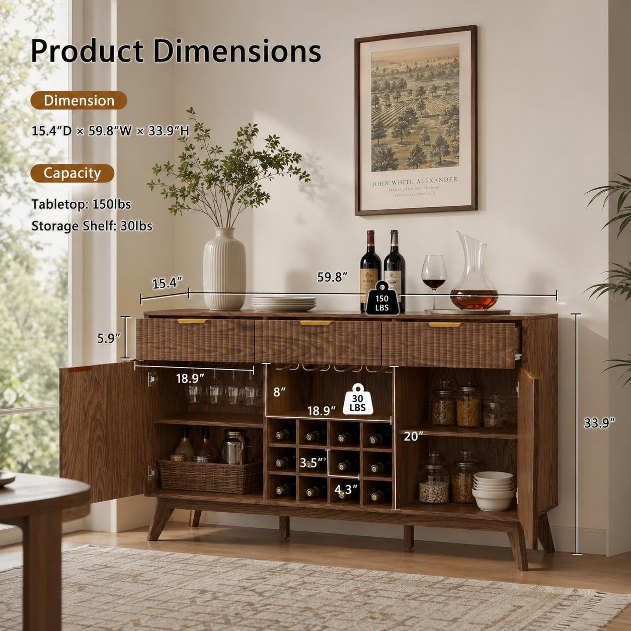 60" Wide Fluted Wine Bar Cabinet with 2 Side Cabinets, 3 Drawers, 4 Glass Holders & 12 Wine Racks, Modern Buffet Sideboard with Storage, 2 Door & 3 Drawer Buffet Sideboard for Kitchen, Dining Room