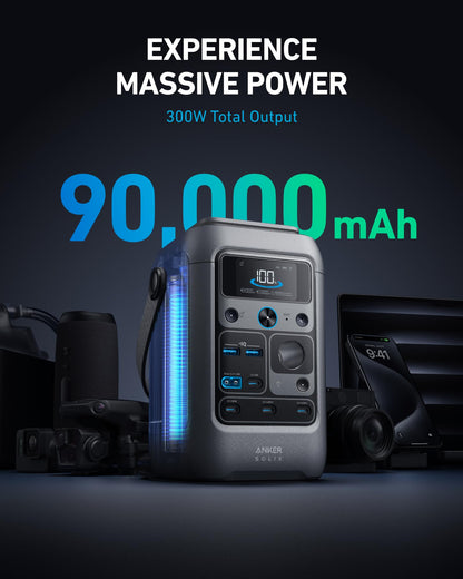 Anker SOLIX C300 DC Power Bank Station and 60W Solar Panel, 288Wh Portable Power Station, LiFePO4 Battery, 300W Solar Generator, for Outdoor, Camping, Traveling, and Emergencies