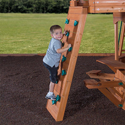 Backyard Discovery Woodland Cedar Wood Swing Set with Wave Slide, Clubhouse, Rock Wall, Snack Bar Station, Benches, Belt Swings, Trapeze, Half Door, Balcony, Step Ladder, Outdoor Playset