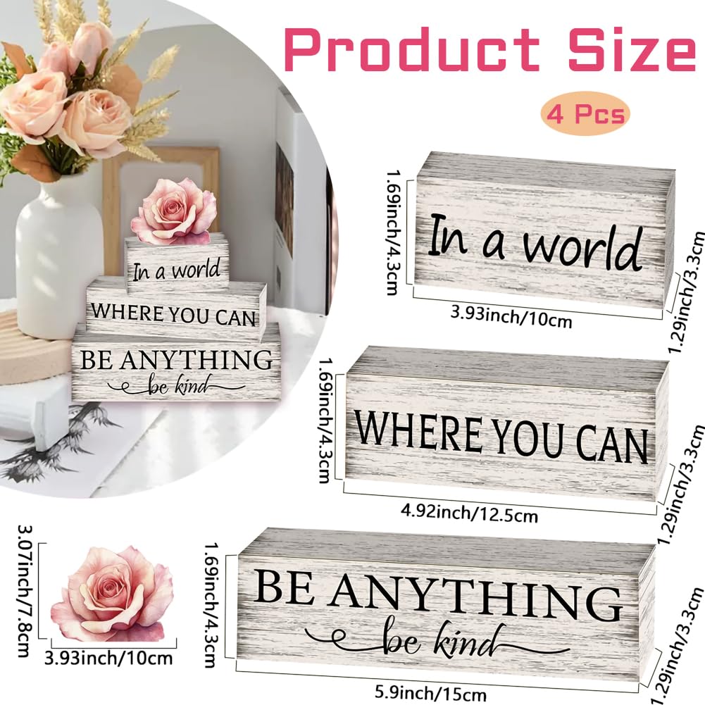 PRESSINART 4 Styles 4 Pcs Farmhouse Wooden Tabletop Decor Farmhouse Block Signs Rustic Rose Pattern Pine Wood Block Tiered Tray Display Sign for Home Shelf Mantel Party Kitchen Decoration Supplies