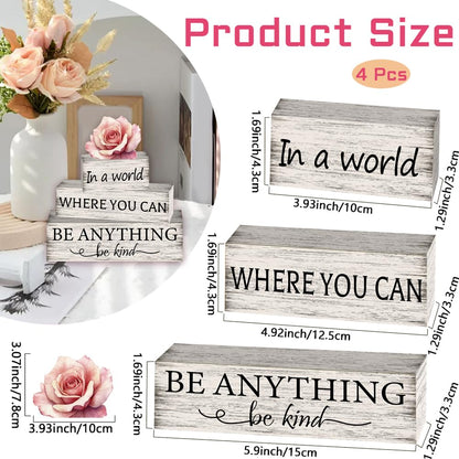 PRESSINART 4 Styles 4 Pcs Farmhouse Wooden Tabletop Decor Farmhouse Block Signs Rustic Rose Pattern Pine Wood Block Tiered Tray Display Sign for Home Shelf Mantel Party Kitchen Decoration Supplies