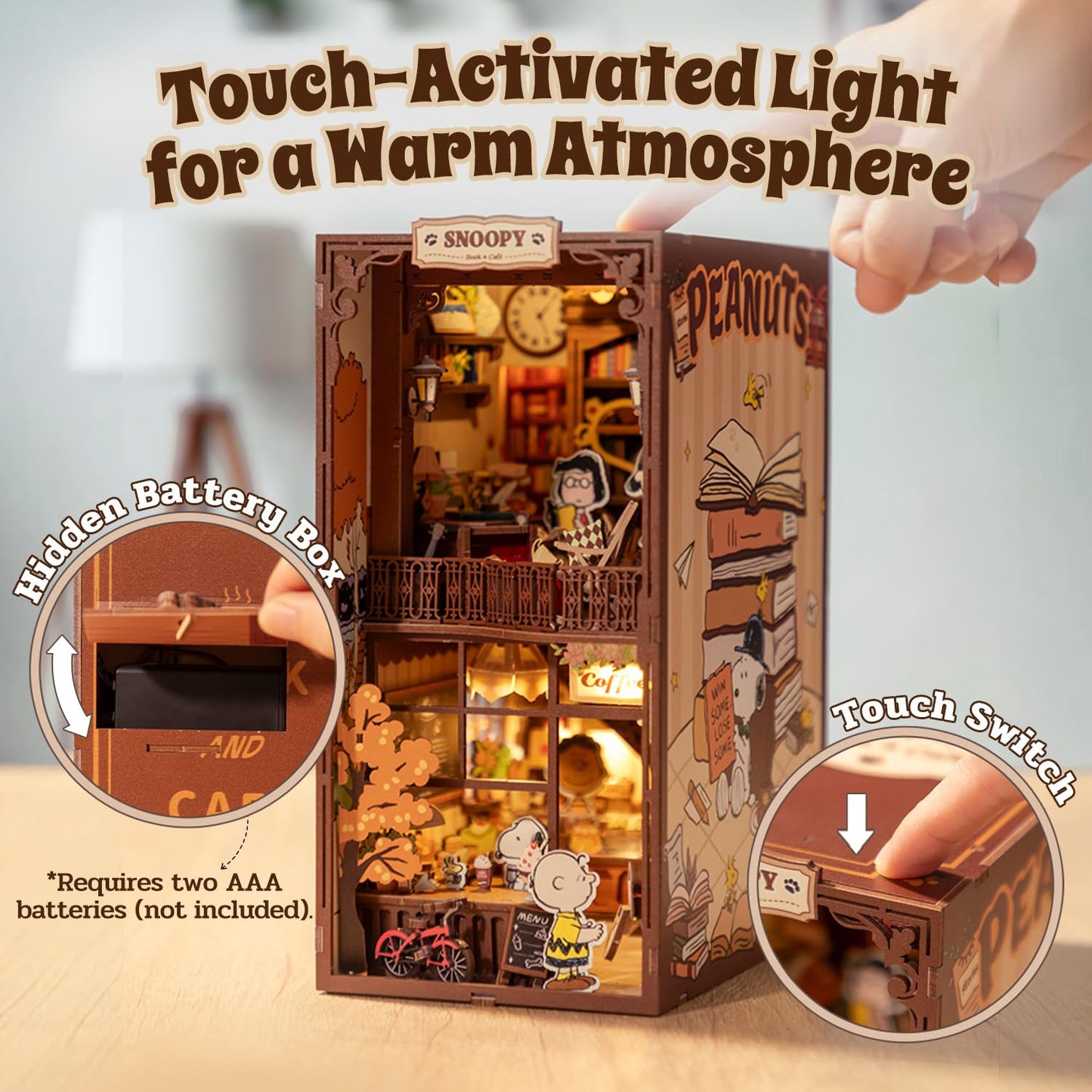 puremind Snoopy Peanuts Book Nook Kit, 9.3" 3D Wooden Puzzle DIY Miniature Kit with LED Lights, Book Cafe Bookshelf Insert Diorama Gift for Adults and Snoopy Fans