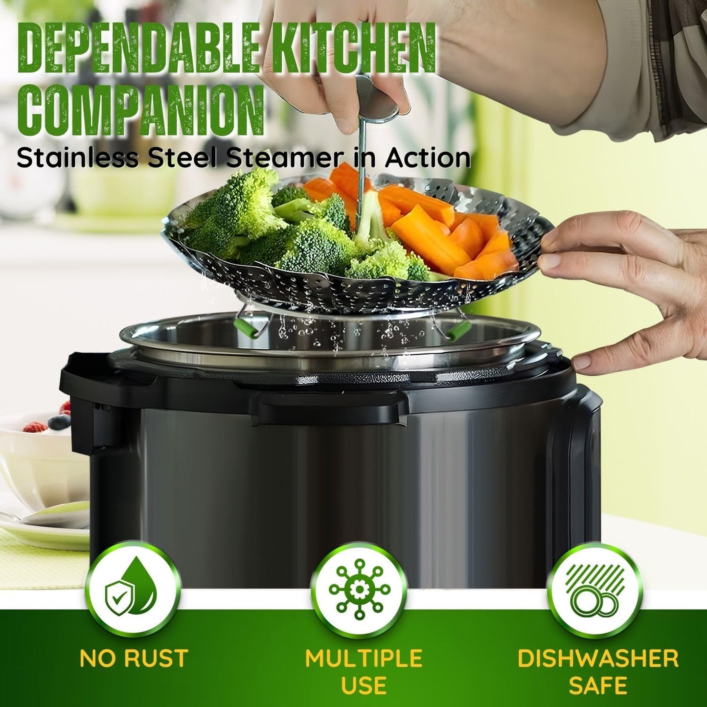 Flexzion Vegetable Steamer Basket for Pot - Stainless Steel Steaming Basket for Veggie, Fish, Meats, Eggs - Extendable Expandable Foldable Steam Basket w/Handle for Various Pot Size, 7 to 11 Inch