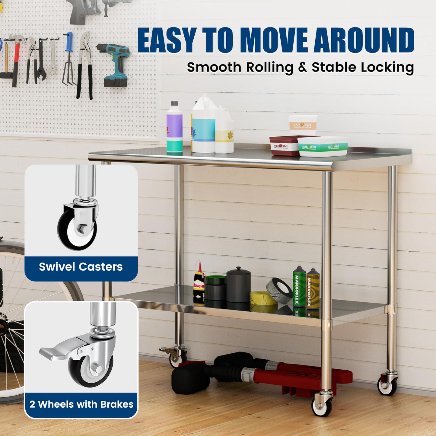 Chingoo Stainless Steel Work Table with Wheels, 24x60 Inch NSF Food Prep Table with Backsplash & Adjustable Undershelf for Commercial Kitchen, Restaurant, Garage