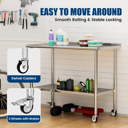 Chingoo Stainless Steel Work Table with Wheels, 24x60 Inch NSF Food Prep Table with Backsplash & Adjustable Undershelf for Commercial Kitchen, Restaurant, Garage