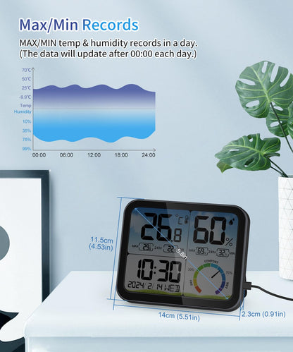 VOCOO Digital Indoor Room Thermometer - 5.8'' Extra Large Display Temperature Humidity Sensor with Accurate Temp Humidity Gauge Monitor, Calibration, Max & Min Records, Comfort, Backlit, Date & Clock