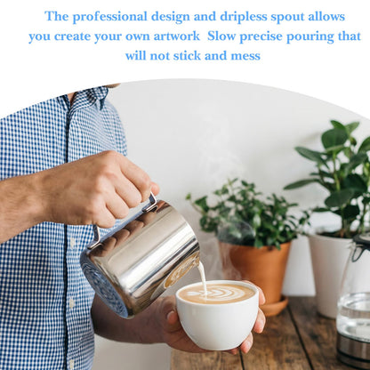 4 Pcs Milk Frothing Pitcher Espresso Steaming Pitchers 12 Oz Stainless Steel Milk Steamer Cup Frother Jug for Espresso, Latte Art, Chai Cappuccino Hot Chocolate