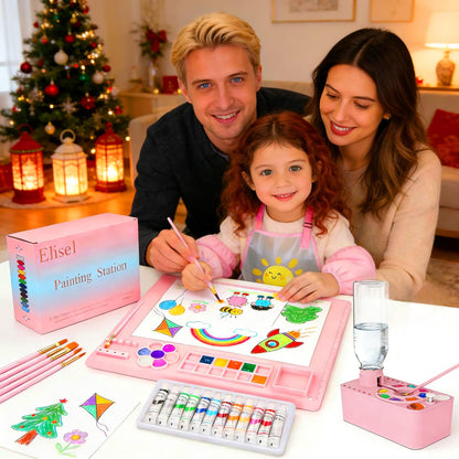 Elisel Painting Station,5 IN 1 Art Paint Supplies Kits,Paint Brush Cleaner (Upgraded),Silicone Painting Mat 12 Colors Paint Set,10 Paint Brushes,Painting Apron for Kids Artist Beginners (Pink, 5)