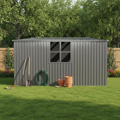 YOPTO 11x13 FT Outdoor Storage Shed,Metal Waterproof Tool House with Firewood Shed and 2 Integrated Punched Vents,2-in-1 Garden Storager Apex Roof Shelter w/Window & Door for Wood,Bicycles,Grey