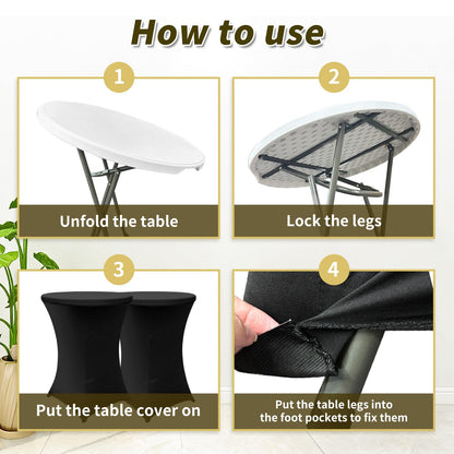 Sowhatsowoo 2 Sets 32" High Top Round Folding Cocktail Tables White Bar Height with Removable Legs & 32"x43" Spandex Stretch Black Table Covers Hightop Table for Outdoor Indoor Wedding Parties