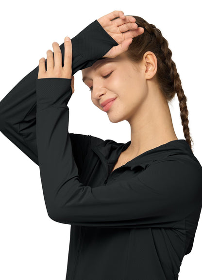Willit Women's UPF 50+ Sun Protection Shirts UV Long Sleeve Zip Hoodies SPF Lightweight Jacket Hiking Outdoor with Pockets Black Small